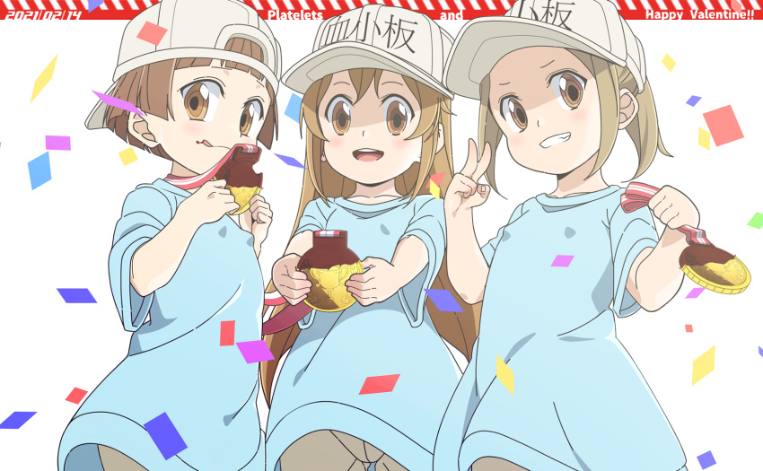 3girls :d backwards_hat baseball_cap blue_shirt brown_eyes brown_hair brown_shorts character_name chocolate commentary_request confetti grin happy_valentine hat hataraku_saibou highres joutarou long_hair looking_at_viewer multiple_girls open_mouth platelet_(hataraku_saibou) shirt short_hair short_shorts short_sleeves shorts smile valentine very_long_hair white_background white_headwear