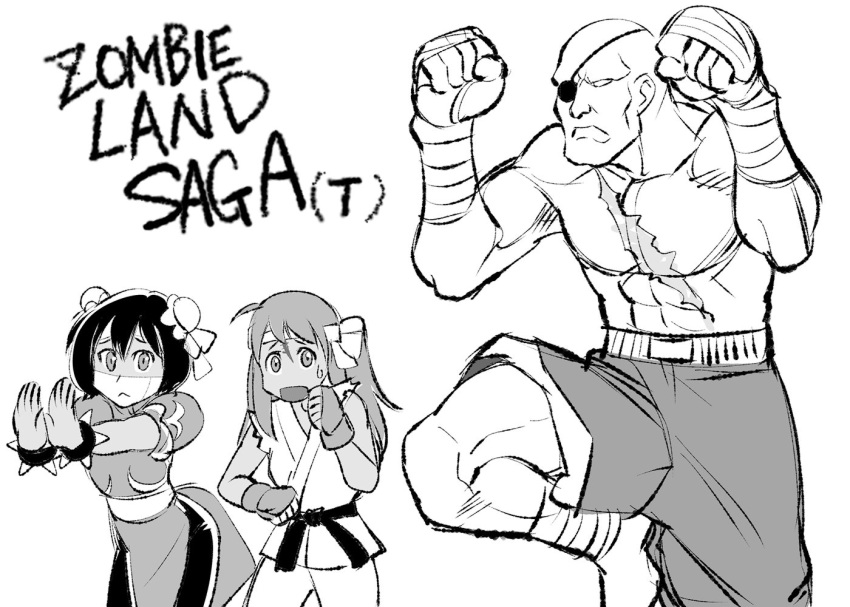 1boy 2girls bald breasts chun-li closed_mouth cosplay crossover eyepatch fingerless_gloves gloves headband long_hair minamoto_sakura mizuno_ai monochrome multiple_girls muscular ryu_(street_fighter) sagat scar short_hair simple_background ueyama_michirou white_background zombie_land_saga