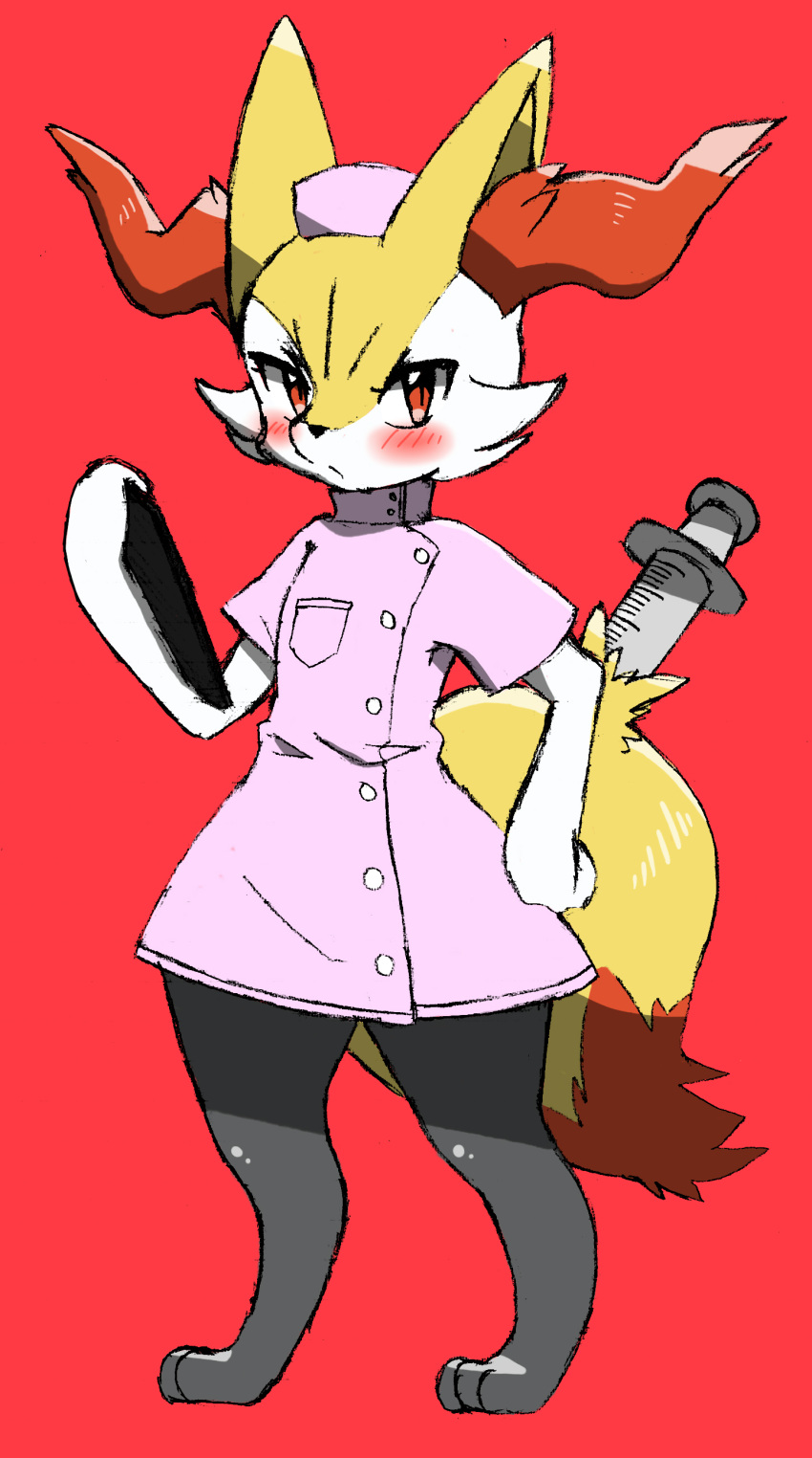 1girl absurdres animal_ear_fluff animal_ears animal_nose barefoot black_fur blush body_fur braixen breast_pocket chizi clipboard closed_mouth clothed_pokemon commentary_request dress flat_chest fox_ears fox_girl fox_tail full_body furry gen_6_pokemon hand_on_hip hand_up hat highres holding nurse nurse_cap paws pink_dress pocket pokemon pokemon_(creature) red_background red_eyes short_sleeves simple_background sketch snout solo standing syringe tail white_fur yellow_fur