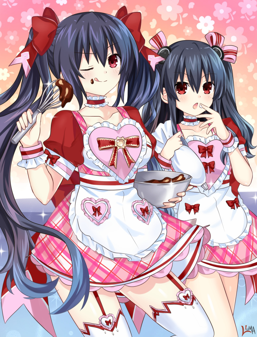 2girls bangs black_hair bowl breasts chocolate chocolate_on_face collar collarbone dress eyebrows_visible_through_hair food food_on_face frilled_collar frills garter_straps hair_between_eyes hair_ornament hair_ribbon highres holding holding_bowl holding_whisk lewdkuma long_hair looking_at_viewer medium_breasts mixing_bowl multiple_girls neptune_(series) noire open_mouth pastry_bag red_dress red_eyes ribbon sidelocks signature small_breasts smile thighhighs tongue tongue_out twintails uni_(neptune_series) whisk wrist_cuffs zettai_ryouiki