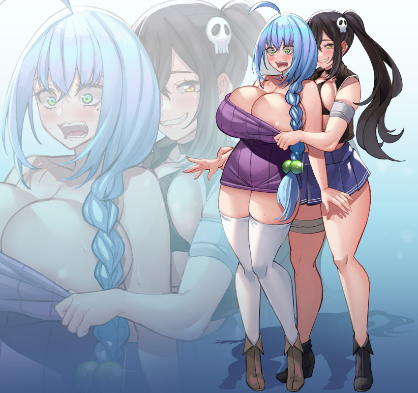 2girls absurdres ahoge areola_slip areolae bandages black_hair blood_hood blue_hair boots braid breast_slip breasts character_request cleavage commission commissioner_upload dress ears full_body green_eyes hair_ornament highres huge_breasts microdress miniskirt mole multiple_girls original side_braid side_ponytail skirt skull_hair_ornament teeth thighhighs yellow_eyes yuri
