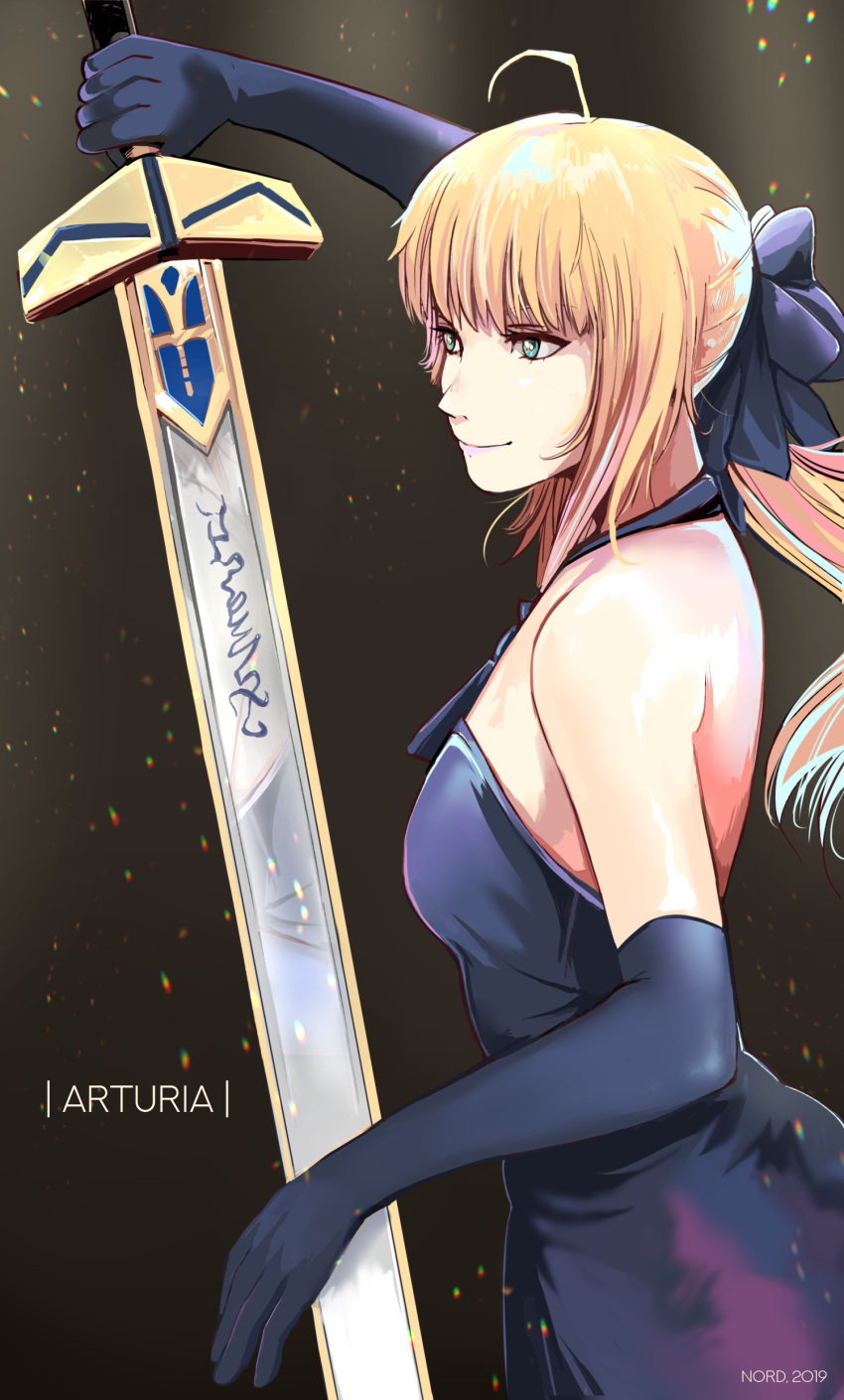 1girl 2019 absurdres ahoge alternate_hairstyle arcsinus artoria_pendragon_(all) bare_shoulders black_background blonde_hair blue_dress blue_ribbon breasts character_name cowboy_shot dated dress elbow_gloves excalibur_(fate/stay_night) fate/grand_order fate_(series) from_side gloves green_eyes highres long_hair ponytail ribbon saber small_breasts smile solo