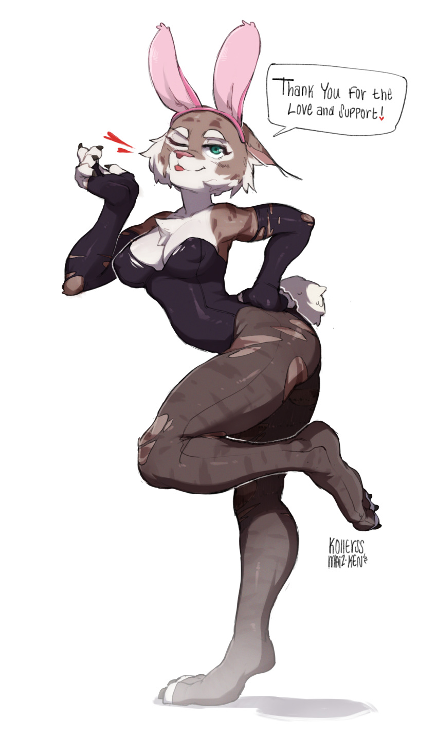 &lt;3 absurd_res anthro arm_warmers armwear blue_eyes bunny_costume clothing costume english_text fake_ears fake_rabbit_ears felid feline female hi_res kollerss legwear leotard lynx maiz-ken mammal nipple_outline one_eye_closed solo stockings text tongue zeha