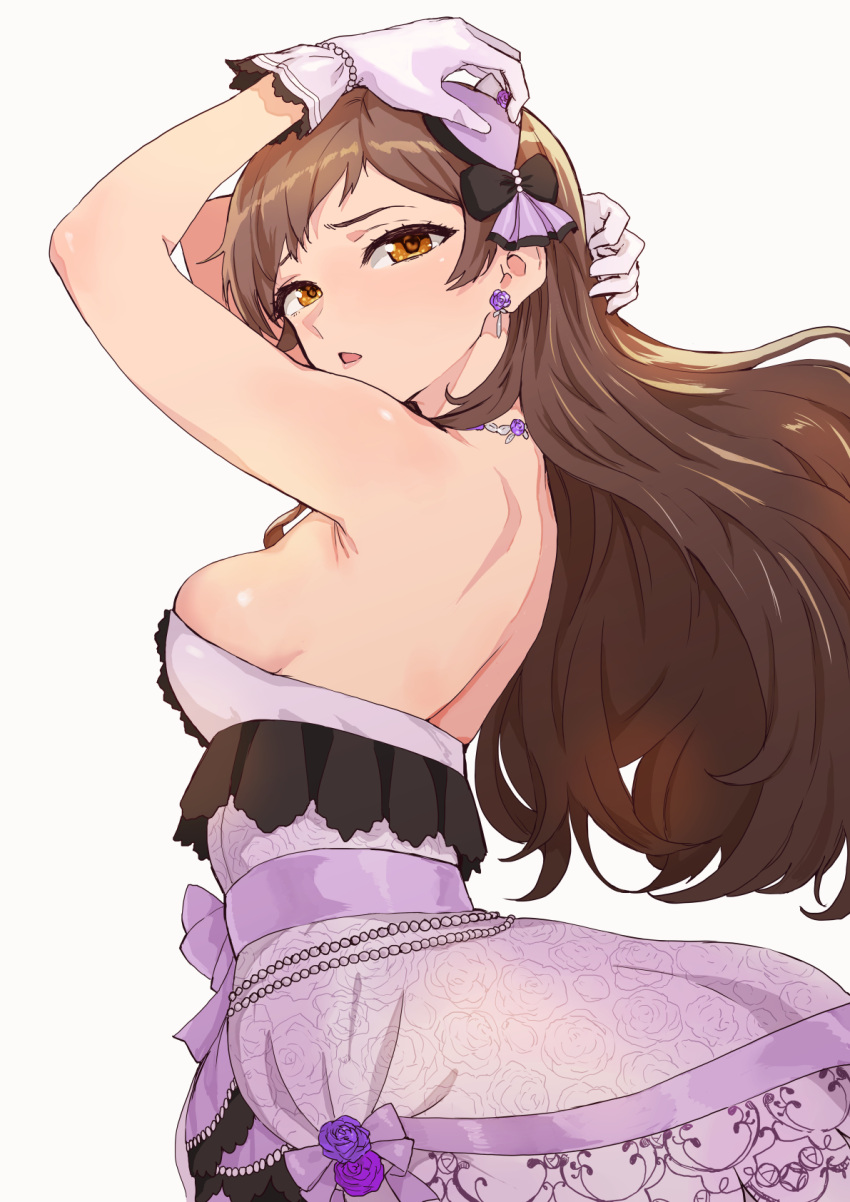 1girl arm_behind_head arms_up bangs bare_shoulders breasts brown_eyes brown_hair commentary_request cowboy_shot dress dress_flower earrings floating_hair floral_print flower flower_earrings from_side gloves grey_background hair_ornament heart heart_hair_ornament highres idolmaster idolmaster_million_live! idolmaster_million_live!_theater_days jewelry kitazawa_shiho layered_dress long_hair looking_at_viewer looking_to_the_side medium_breasts necklace nekoi_mie parted_bangs parted_lips pearl_(gemstone) print_dress purple_dress purple_flower purple_gloves purple_rose rose rose_print shiny shiny_hair simple_background solo standing strapless strapless_dress wavy_hair