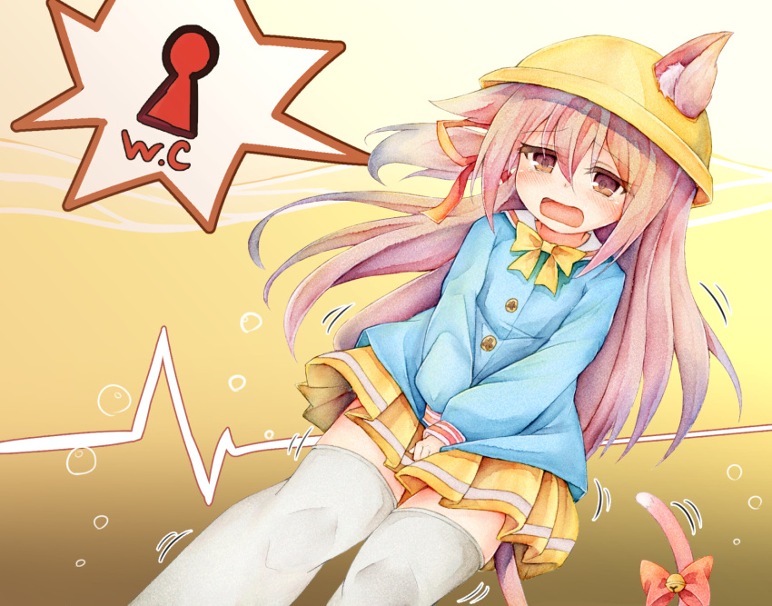 1girl animal_ears azur_lane bangs bell between_legs blue_shirt blush bow bowtie bubble cat_ears cat_tail commentary_request dutch_angle embarrassed eyebrows_visible_through_hair flat_chest gradient gradient_background hair_between_eyes hair_ribbon hand_between_legs hands_together hat have_to_pee highres jingle_bell kindergarten_uniform kisaragi_(azur_lane) long_hair long_sleeves miniskirt open_mouth pink_eyes pink_hair pleated_skirt red_bow red_ribbon ribbon shirt skirt solo speech_bubble standing tail tail_bell tail_bow tail_ornament tears thighhighs trembling v_arms watakarashi yellow_background yellow_headwear yellow_neckwear yellow_skirt zettai_ryouiki