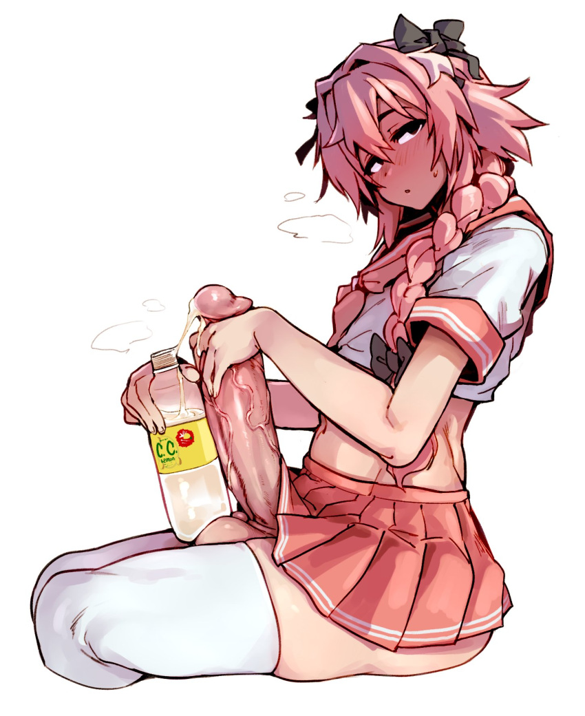 1boy astolfo_(fate) bottle c.c._lemon cum cum_in_bottle cumdrip doppel_(bonnypir) fate/grand_order fate_(series) finni_081 hair_between_eyes highres huge_penis long_braid long_hair male_focus midriff multicolored_hair otoko_no_ko penis pink_hair pink_skirt pleated_skirt real_life school_uniform serafuku short_sleeves simple_background skirt solo streaked_hair testicles thighhighs uncensored white_background white_hair white_legwear