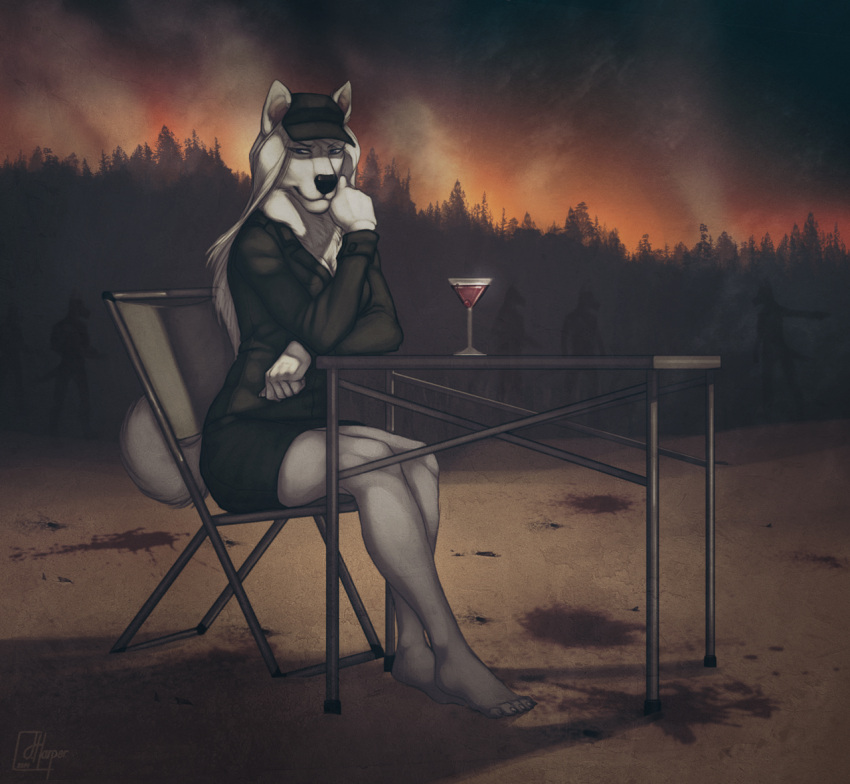 2015 5_fingers 5_toes alcohol american_eskimo anthro arm_support barefoot battlefield beverage black_nose blood blood_on_ground blue_eyes bodily_fluids bottomwear breasts canid canine canis claws cleavage clothed clothing cocktail domestic_dog feet female fingers folding_chair folding_table foo-foo fur hair hat headgear headwear humanoid_feet humanoid_hands jack_harper long_hair looking_aside mammal military_cap military_uniform on_chair plant signature silhouette sitting sitting_on_chair skirt solo spitz story story_in_description toe_claws toes tree uniform white_body white_fur white_hair