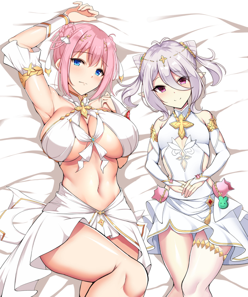 2girls breasts dress elf highres kokkoro_(princess_connect!) large_breasts lying medium_hair multiple_girls navel noeomi on_back on_bed pink_eyes pink_hair pointy_ears princess_connect! princess_connect!_re:dive short_hair silver_hair small_breasts yui_(princess_connect!)