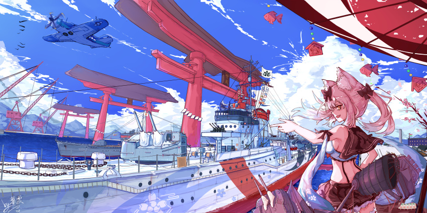 2girls absurdres aircraft airplane azur_lane black_skirt blue_sky cloud crane_(machine) destroyer highres liwendala looking_at_viewer looking_back midriff military military_vehicle miniskirt multiple_girls oil-paper_umbrella pleated_skirt rigging sakura_empire_(emblem) scenery shinano_(azur_lane) ship skirt sky solo_focus taihou_(azur_lane) torii torpedo_launcher turret umbrella warship watercraft white_hair yellow_eyes yukikaze_(azur_lane) zuikaku_(azur_lane)