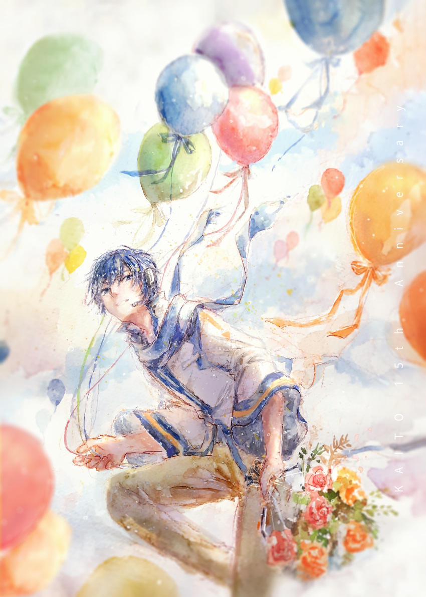 1boy absurdres anniversary azusa415 balloon blue_eyes blue_hair blue_scarf bouquet brown_pants character_name coat commentary flower grin headset highres holding holding_balloon holding_bouquet kaito male_focus orange_flower orange_rose pants red_flower red_rose rose scarf smile solo traditional_media vocaloid watercolor_(medium) white_coat yellow_flower yellow_rose