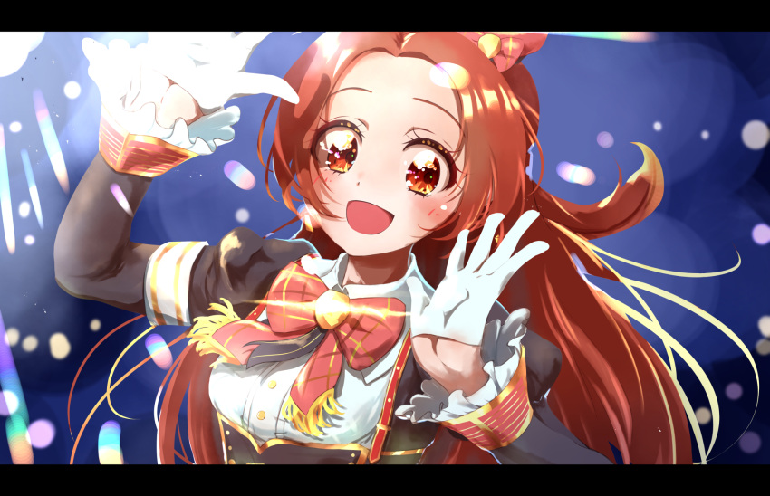 1girl :d aikatsu! aikatsu!_(series) aikatsu_on_parade! beret black_jacket blurry blurry_background blush bow bowtie close-up commentary_request depth_of_field dream_academy_uniform floating_hair forehead frilled_sleeves frills gloves gold_trim hands_up happy hat hat_bow highres idol jacket letterboxed light_particles long_sleeves open_mouth orange_eyes orange_hair otoshiro_noel plaid plaid_bow puffy_sleeves red_bow red_headwear red_neckwear school_uniform shirt sideways_glance smile solo taiyaki29 upper_body white_gloves white_shirt