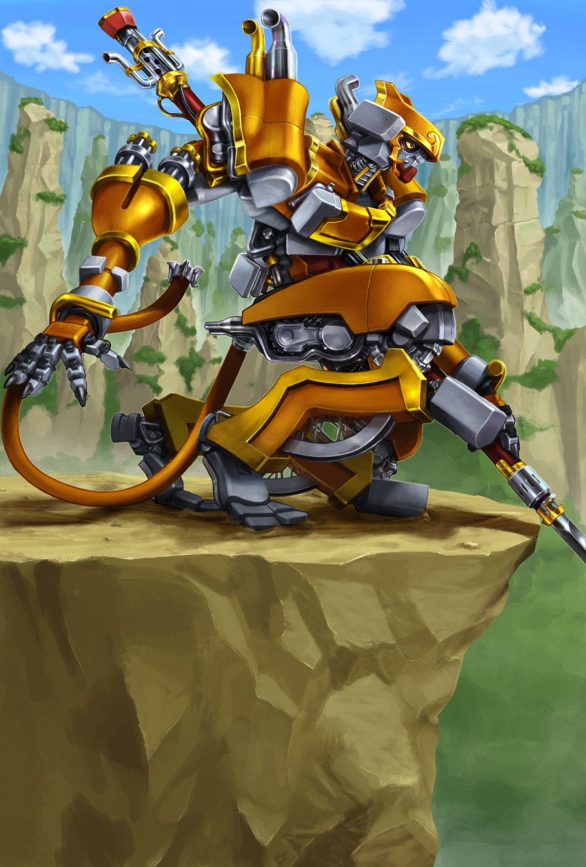 canyon chinese_zodiac from_side highres holding holding_sword holding_weapon kneeling mecha no_humans nue_(fk3203) open_hand original science_fiction solo sword weapon year_of_the_monkey yellow_eyes