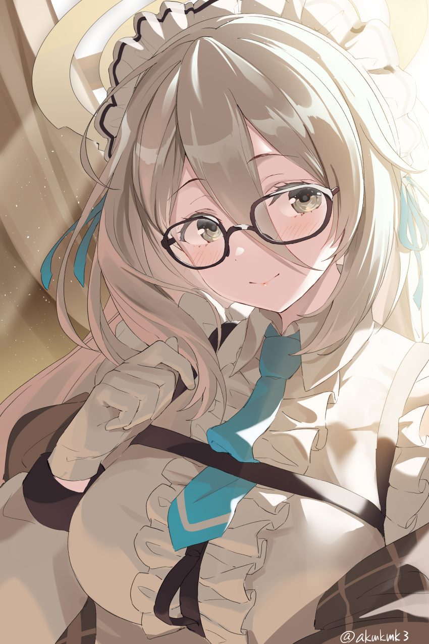 1girl absurdres akane_(blue_archive) arm_up bangs black-framed_eyewear blonde_hair blue_archive blue_neckwear blue_ribbon breasts brown_eyes curcumin dust_particles frills glasses gloves hair_between_eyes hair_ribbon halo highres huge_filesize large_breasts long_hair long_sleeves looking_at_viewer maid maid_headdress necktie ribbon shirt smile solo upper_body white_gloves white_shirt