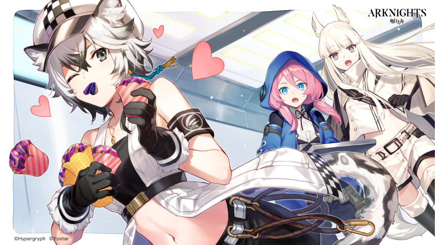 3girls absurdres animal_ear_fluff animal_ears arknights armband asahikawa_hiyori bag bandeau bangs black_gloves black_hair black_neckwear black_ribbon blue_eyes blue_jacket blue_poison_(arknights) boots cabbie_hat checkered checkered_headwear cliffheart_(arknights) copyright_name cupcake eyebrows_visible_through_hair food fur-trimmed_gloves fur_trim gloves grey_eyes hair_between_eyes hat heart highres holding holding_food hood hooded_jacket indoors jacket leopard_ears leopard_tail looking_at_viewer midriff mouth_hold multicolored_hair multiple_girls navel neck_ribbon official_art one_eye_closed pink_hair platinum_(arknights) ribbon shirt short_hair shorts silver_hair sleeveless sleeveless_jacket stomach streaked_hair tail thigh_boots thighhighs white_headwear white_jacket white_shirt white_shorts