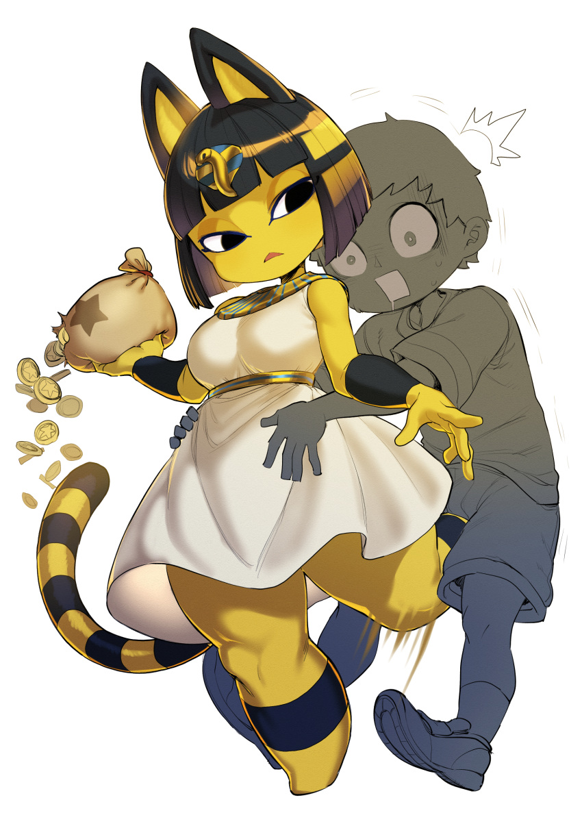 1boy 1girl absurdres animal_crossing animal_ears ankha_(animal_crossing) ball_busting bangs barefoot black_hair blunt_bangs bracer breasts cat_ears cat_tail coin coin_purse colored_skin crotch_kick curvy dress egyptian egyptian_clothes femdom groping half-closed_eyes highres hime_cut holding medium_breasts nintendo rectangular_mouth saliva sanpaku shiny shiny_hair shirt shoes short_sleeves sleeveless sleeveless_dress sneakers space_jin sweat t-shirt tail villager_(animal_crossing) white_dress yellow_skin