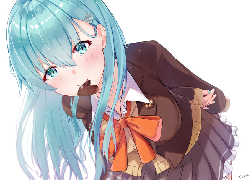 1girl aqua_eyes aqua_hair aqua_nails ascot blazer blush bow bowtie breasts brown_jacket brown_legwear brown_skirt candy cardigan chocolate chocolate_heart food frilled_skirt frills hair_ornament hairclip heart highres jacket kantai_collection large_breasts long_hair long_sleeves looking_at_viewer miniskirt mouth_hold orange_neckwear pleated_skirt school_uniform skirt smile solo suzuya_(kancolle) valentine yukai_nao