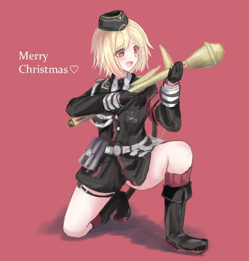 1girl absurdres black_footwear black_gloves black_headwear black_jacket black_neckwear blonde_hair blush boots english_text eyebrows_visible_through_hair girls_frontline gloves hat heart heart_print highres holding holding_weapon holster jacket looking_away martinreaction merry_christmas military military_hat military_jacket military_uniform mp40_(girls_frontline) necktie open_mouth panzerfaust purple_background purple_eyes shirt short_hair sitting smile solo uniform weapon white_shirt