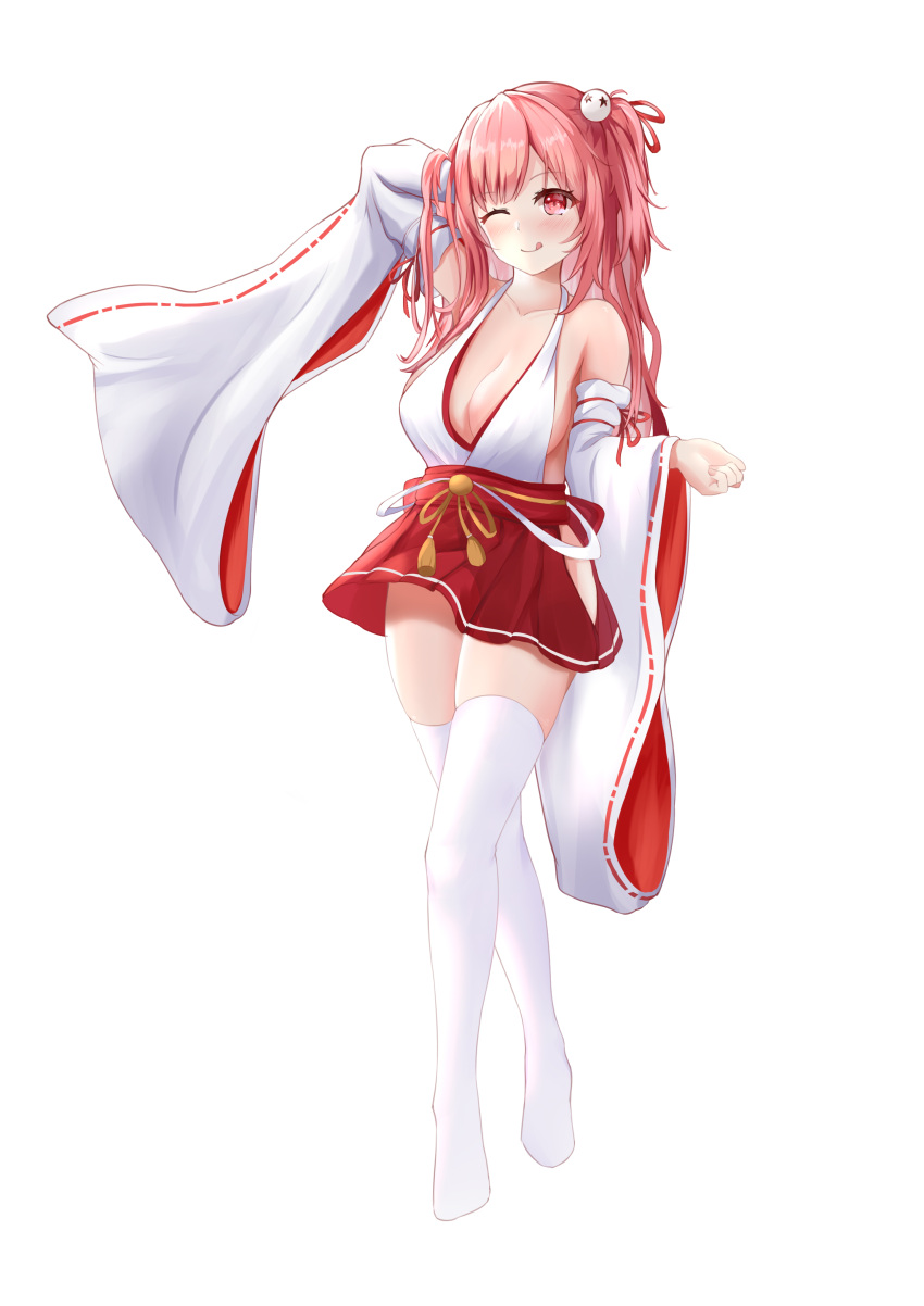 1girl :q absurdres azur_lane backless_outfit bare_shoulders breasts cleavage dead_or_alive dead_or_alive_xtreme detached_sleeves full_body hair_ornament halterneck hand_in_hair highres hip_vent honoka_(doa) japanese_clothes large_breasts long_hair miko miniskirt noye one_eye_closed pink_eyes pink_hair pleated_skirt red_skirt simple_background skirt skull_hair_ornament solo thighhighs tongue tongue_out white_background white_legwear wide_sleeves zettai_ryouiki