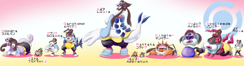 2021 absurd_res all_fours anthro appletun arbok armless big_breasts blush body_size_growth breasts breath brown_hair butt chubby_female clothing embarrassed english_text fangs feathers female feral garchomp goodra hair hat headgear headwear hi_res human human_to_feral japanese_text kingler legendary_pok&eacute;mon looking_back lugia mammal nageruamado navel nintendo orange_body pok&eacute;mon pok&eacute;mon_(species) purple_body rattata rosa_(pok&eacute;mon) scolipede shcoked shrinking size_transformation solo species_transformation spikes standing surprise swanna text thick_thighs transformation turtwig video_games white_body white_feathers