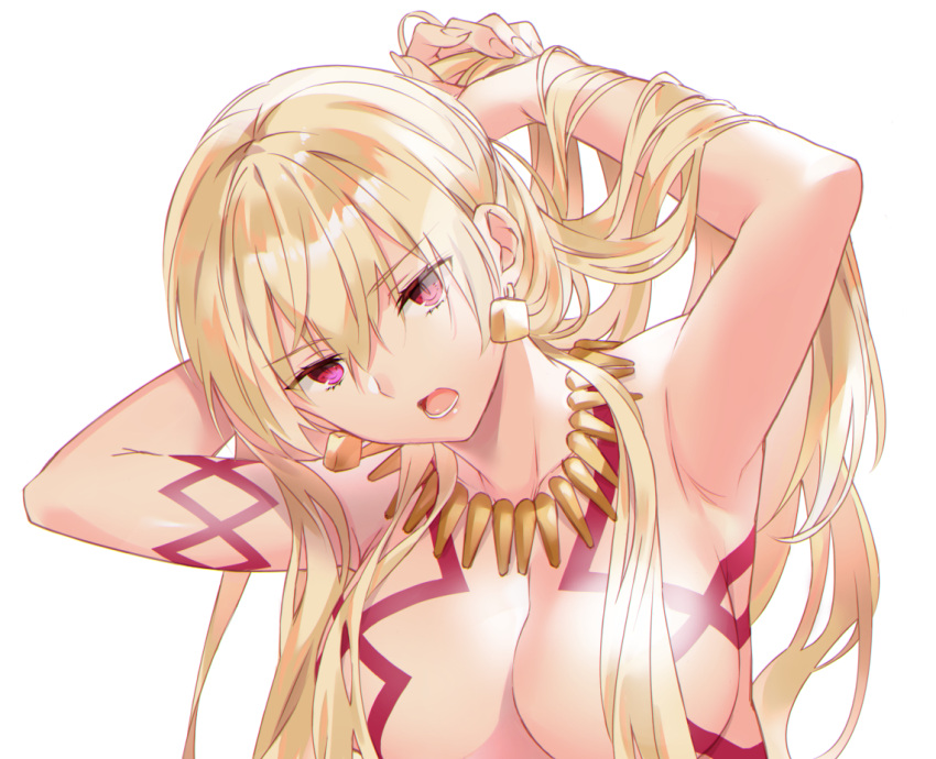1girl armpits bangs blonde_hair breasts cleavage collarbone eyebrows_visible_through_hair fate/grand_order fate_(series) genderswap genderswap_(mtf) gilgamesh gilgamesh_(caster)_(fate) hair_between_eyes hair_censor hair_over_breasts hands_in_hair hipo long_hair medium_breasts nude open_mouth red_eyes shiny shiny_hair simple_background solo tying_hair upper_body very_long_hair white_background