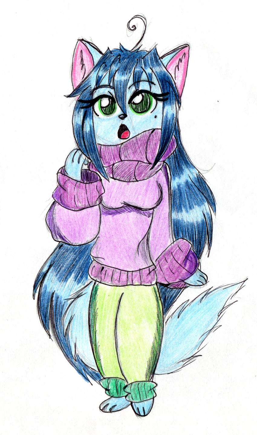 blue_body blue_hair clothing domestic_cat felid feline felis fluffy green_eyes hair hi_res mammal selina selinatc sweater topwear walking