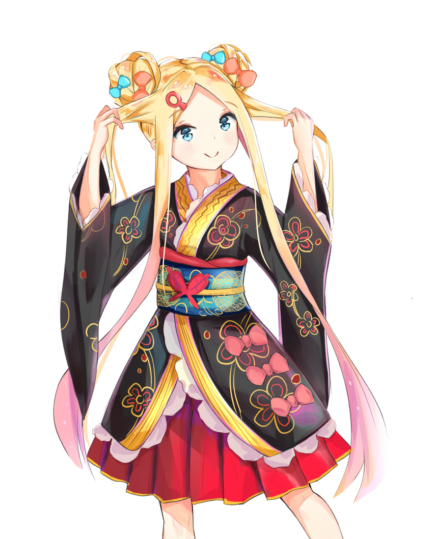 1girl abigail_williams_(fate) absurdres alternate_costume bangs black_kimono blonde_hair blue_bow blue_eyes blush bow closed_mouth commentary_request double_bun eyebrows_visible_through_hair fate/grand_order fate_(series) feet_out_of_frame forehead hair_bow highres japanese_clothes kimono long_hair long_sleeves looking_at_viewer obi orange_bow parted_bangs pleated_skirt red_skirt sash skirt smile solo standing twintails very_long_hair wide_sleeves yukaa