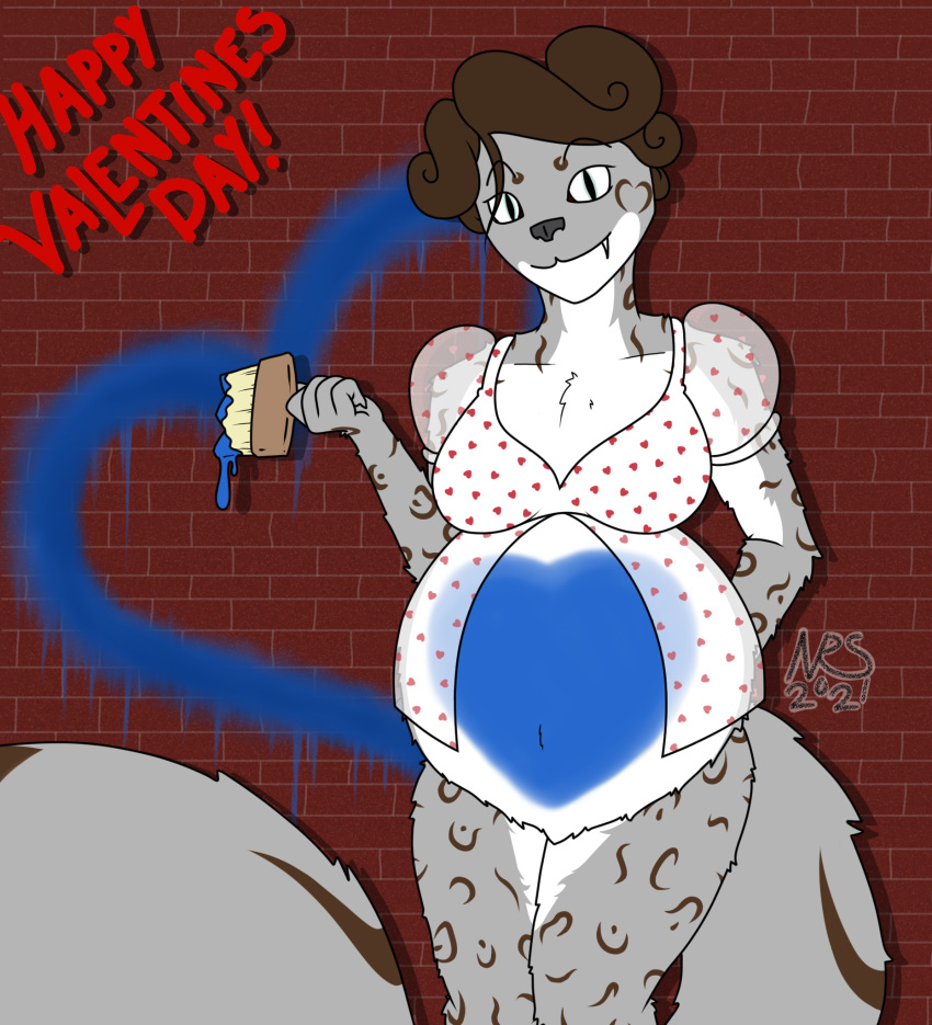 &lt;3 2021 anthro belly big_belly big_breasts breasts brush clothed clothing digital_drawing_(artwork) digital_media_(artwork) english_text felid feline female fur hi_res holidays janice_(navaras) leopard looking_at_viewer mammal navaras paintbrush pantherine portrait signature simple_background smile snow_leopard solo standing text three-quarter_portrait valentine's_day