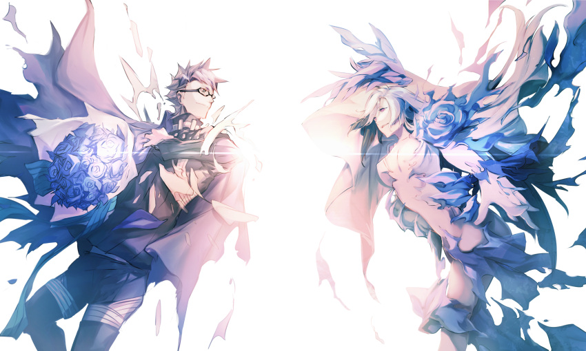 1boy 1girl absurdres black-framed_eyewear black_pants black_shirt blue_flower blue_rose bouquet brynhildr_(fate) cape closed_mouth couple cowboy_shot dissolving_clothes eye_contact fate/grand_order fate/prototype fate/prototype:_fragments_of_blue_and_silver fate_(series) flower glasses hetero highres holding holding_bouquet kashia long_hair looking_at_another pants purple_cape purple_eyes rose shirt sigurd_(fate) smile torn_clothes white_hair