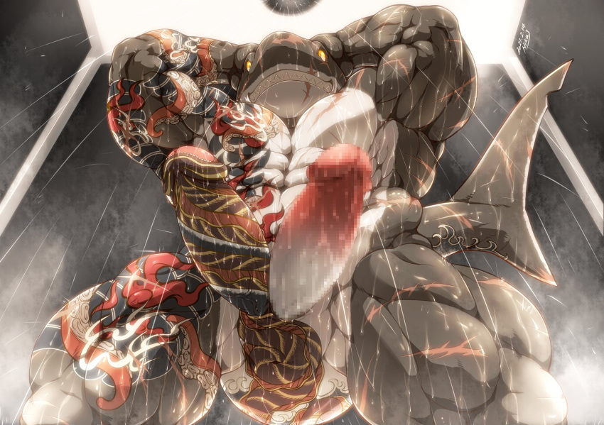 2021 abs animal_genitalia anthro barazoku big_muscles censored diphallism fin fish genital_slit genitals grey_body hand_on_head hi_res huge_muscles humanoid_genitalia humanoid_penis hybrid_genitalia hybrid_penis ineffective_censorship looking_at_viewer looking_down low-angle_view male marine multi_genitalia multi_penis multicolored_body muscular muscular_anthro muscular_male navel niku_18 nude obliques pecs penis quads scar shark sharp_teeth shower showering slit smile solo tattoo tattoo_on_penis teeth thick_thighs two_tone_body water wet wet_body white_body worm's-eye_view yellow_sclera