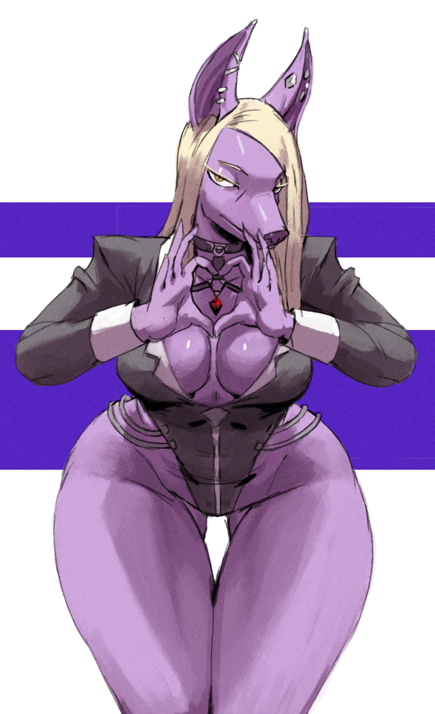 2020 amber_eyes anthro blonde_hair breasts canid cleavage clothed clothing dog_head dungeon_fighter dungeon_fighter_online ear_piercing ear_ring female fur gesture hair hand_heart hi_res jewelry looking_at_viewer mammal necklace piercing portrait purple_body purple_fur redfred simple_background solo three-quarter_portrait video_games wide_hips