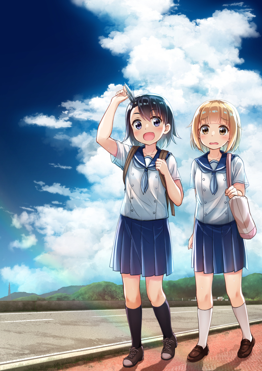 2girls :d backpack bag bangs black_hair black_legwear blue_eyes blue_neckwear blue_sailor_collar blue_skirt blue_sky blunt_bangs brown_eyes brown_footwear brown_hair building cloud commentary_request day eyebrows_visible_through_hair highres hodaka_natsumi houkago_teibou_nisshi kneehighs mountainous_horizon multiple_girls open_mouth outdoors pleated_skirt radio_tower road sailor_collar school_uniform serafuku shirt shoes short_hair shoulder_bag sidelocks sidewalk skirt sky smile sneakers summer tsurugi_hina uneune walking wavy_mouth white_legwear white_shirt