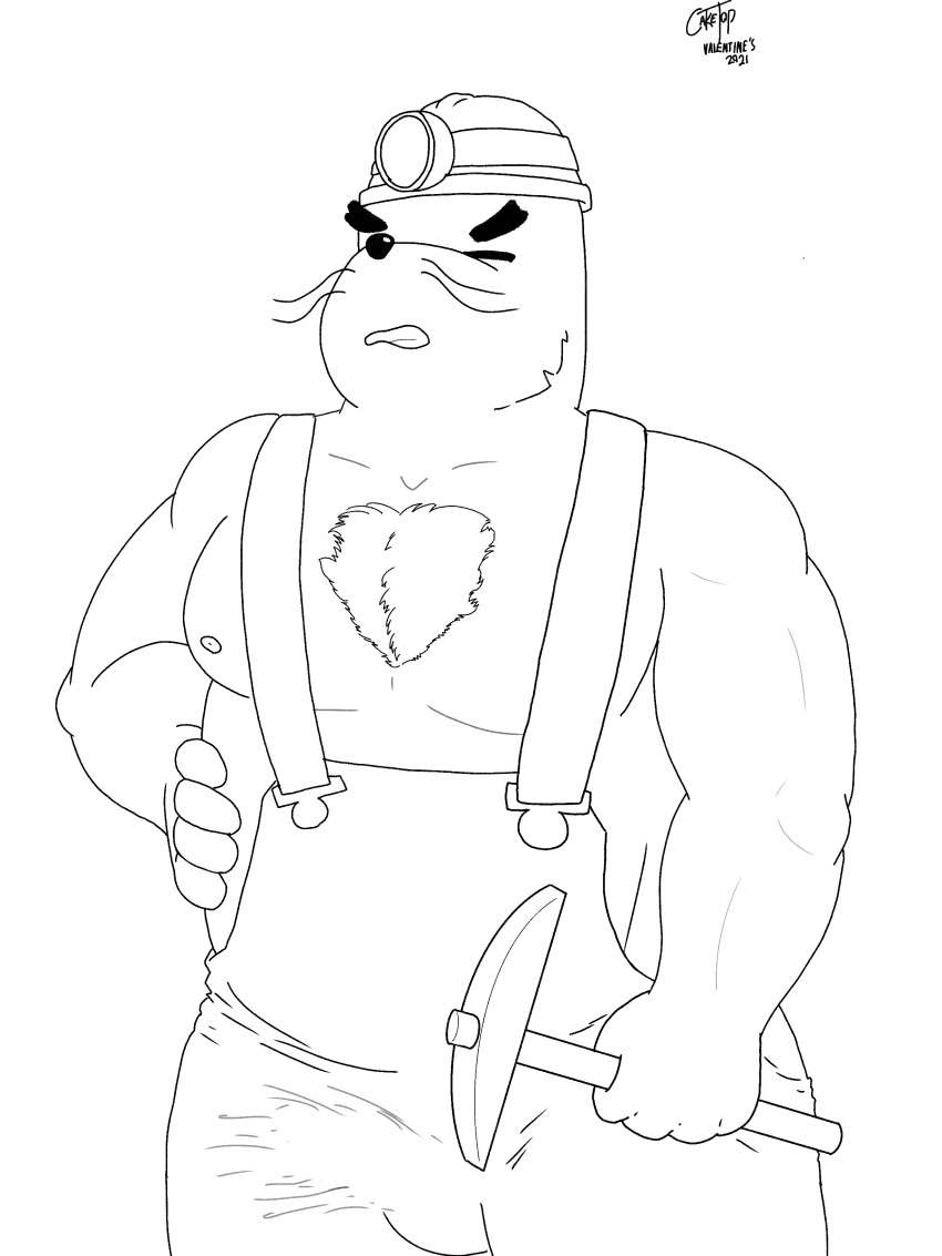 absurd_res animal_crossing anthro body_hair bulge cake_top chest_hair clothed clothing digital_media_(artwork) eulipotyphlan headgear hi_res male mammal mole_(animal) monochrome mr._resetti muscular muscular_anthro muscular_male nintendo nipples overalls simple_background solo topless video_games