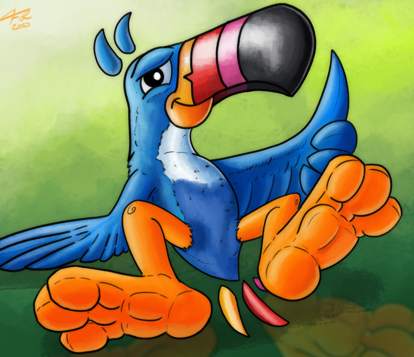 2020 3_toes 4_fingers avian barefoot beak bird black_eyes blue_body blue_feathers digital_media_(artwork) feathered_wings feathers feet feral fingers fol foot_focus froot_loops gesture hi_res kellogg's looking_at_viewer lying male mascot on_back plantigrade simple_background smile soles solo thumbs_up toes toucan toucan_sam white_body white_feathers wings