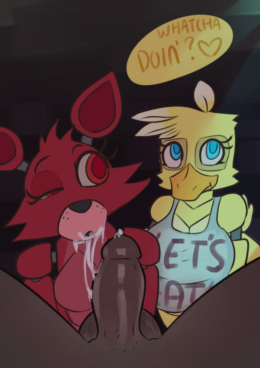 &lt;3 animatronic anthro avian balls beak bird black_nose blue_eyes bodily_fluids breasts canid canine chica_(fnaf) cleavage clothed clothing crossgender cum cum_on_face cum_on_penis cum_string dark dialogue digital_media_(artwork) edit english_text erection featureless_breasts fellatio female five_nights_at_freddy's fox foxy_(fnaf) genital_fluids genitals group hi_res human human_on_anthro humanoid_genitalia humanoid_penis interspecies machine male male/female mammal non-mammal_breasts open_mouth oral oral_penetration penetration penile penis red_eyes robot sex somescrub text video_games