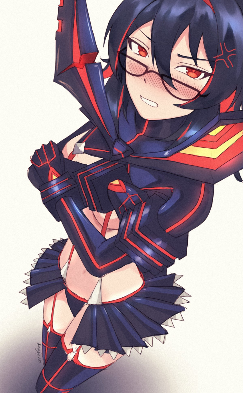 1girl anger_vein ark_ford artist_name black_hair blush breasts cleavage commentary cosplay crossed_arms embarrassed english_commentary enma-chan garter_straps glasses gloves highres hololive hololive_english kill_la_kill large_breasts looking_at_viewer matoi_ryuuko matoi_ryuuko_(cosplay) midriff miniskirt multicolored_hair navel panties red_eyes red_hair revealing_clothes senketsu short_hair skirt stomach suspenders thighhighs two-tone_hair underboob underwear virtual_youtuber zettai_ryouiki