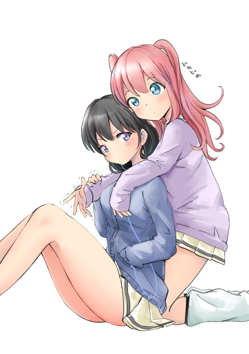 2girls alternate_eye_color annoyed arm_grab bangs blue_cardigan blue_eyes blush breasts buttons cable cardigan closed_mouth commentary_request earphones eyebrows_visible_through_hair feet_out_of_frame from_side hand_in_pocket hand_up highres hood hoodie hug hug_from_behind kajino_(aosansai) kneeling knees_up long_hair long_sleeves looking_at_viewer loose_socks low_twintails medium_breasts motion_lines multiple_girls nemoto_hina pink_hair pleated_skirt purple_eyes purple_hoodie school_uniform shirt simple_background sitting skirt tamura_yuri translation_request twintails two_side_up watashi_ga_motenai_no_wa_dou_kangaetemo_omaera_ga_warui! white_background white_legwear white_shirt yellow_skirt