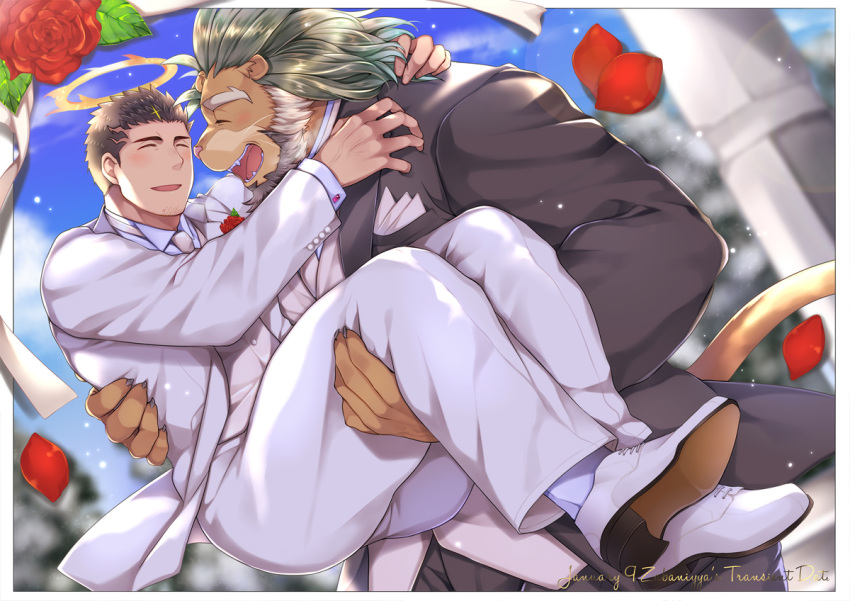 2boys animal_ears arsalan_(tokyo_houkago_summoners) ass bara beard black_hair black_suit blush carrying couple facial_hair fangs flower formal full_body furry green_hair halo husband_and_wife interspecies lion_boy lion_ears male_focus mature_male multicolored_hair multiple_boys muscular muscular_male outdoors petals princess_carry rose shoes short_hair size_difference smile stubble suit sunlight thick_thighs thighs tokyo_houkago_summoners two-tone_hair wedding white_footwear white_suit yaoi yellow_eyes youzora_samo18 zabaniya_(tokyo_houkago_summoners)