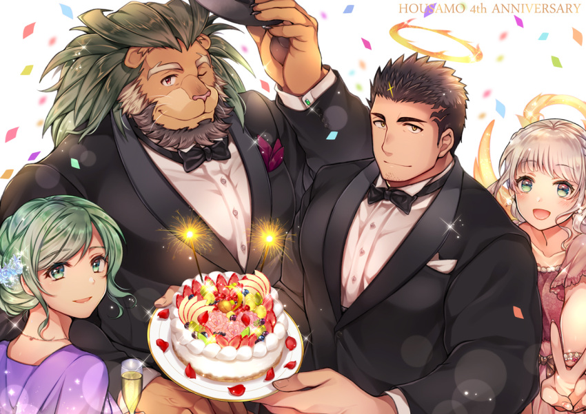 2boys 2girls animal_ears arsalan_(tokyo_houkago_summoners) bara beard black_hair black_suit bow bowtie cake confetti couple facial_hair food formal fruit furry gabriel_(tokyo_houkago_summoners) green_hair halo husband_and_wife interspecies large_pectorals lion_boy lion_ears looking_at_viewer maria_(tokyo_houkago_summoners) mature_male multicolored_hair multiple_boys multiple_girls muscular muscular_male one_eye_closed short_hair silver_hair smile strawberry stubble tokyo_houkago_summoners two-tone_hair upper_body yaoi yellow_eyes youzora_samo18 zabaniya_(tokyo_houkago_summoners)