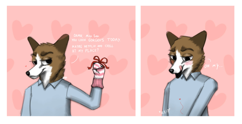 &lt;3 anthro bedroom_eyes blush canid canine canis clothed clothing comic domestic_dog flirting herding_dog hi_res holidays humor licking licking_lips looking_down male mammal meme multicolored_body narrowed_eyes pastoral_dog pink_background seductive simple_background smile sock_puppet solo text tongue tongue_out valentine's_day welsh_corgi zerohours