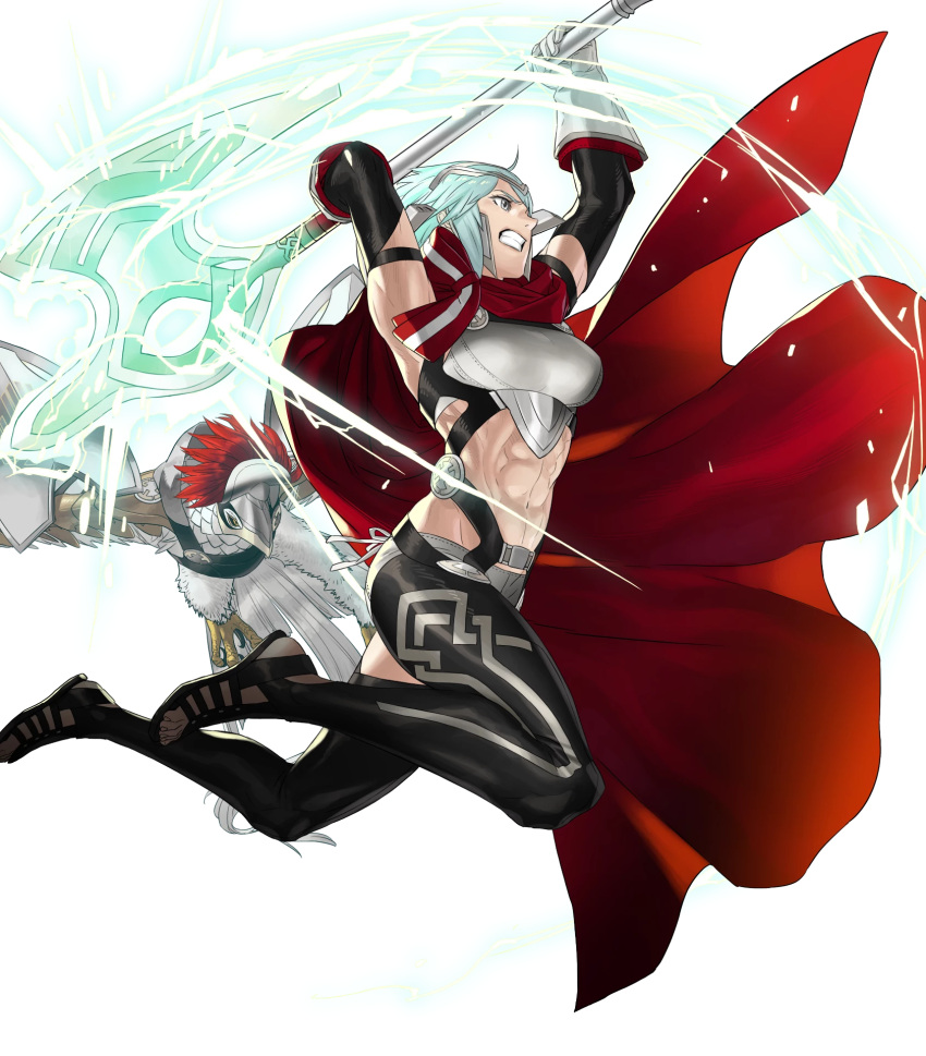 1girl abs animal armor axe battle_axe bird breastplate cape clenched_teeth dagr_(fire_emblem) fire_emblem fire_emblem_heroes full_body gloves glowing glowing_weapon headpiece highres holding holding_weapon kozaki_yuusuke light_blue_hair lips looking_away midriff muscular muscular_female navel official_art open_toe_shoes parted_lips red_cape short_hair silver_eyes solo stomach teeth toes transparent_background weapon wings