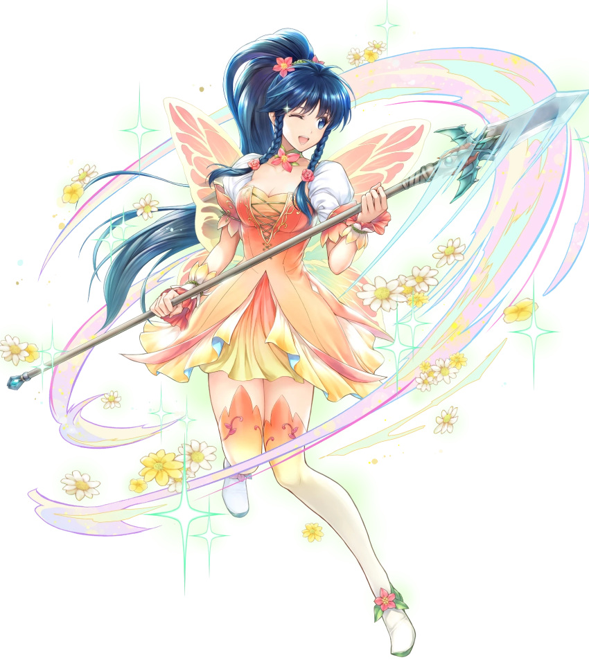 1girl blue_eyes blue_hair boots braid breasts butterfly_wings cleavage collarbone detached_collar dress fire_emblem fire_emblem:_the_sacred_stones fire_emblem_heroes flower full_body gradient gradient_clothes hair_flower hair_ornament highres holding holding_weapon lips long_hair looking_away medium_breasts official_art one_eye_closed open_mouth polearm ponytail puffy_short_sleeves puffy_sleeves shiny shiny_hair short_dress short_sleeves smile sparkle spear tana_(fire_emblem) thigh_boots thighhighs tied_hair transparent_background twin_braids weapon wings wrist_cuffs yamada_koutarou zettai_ryouiki