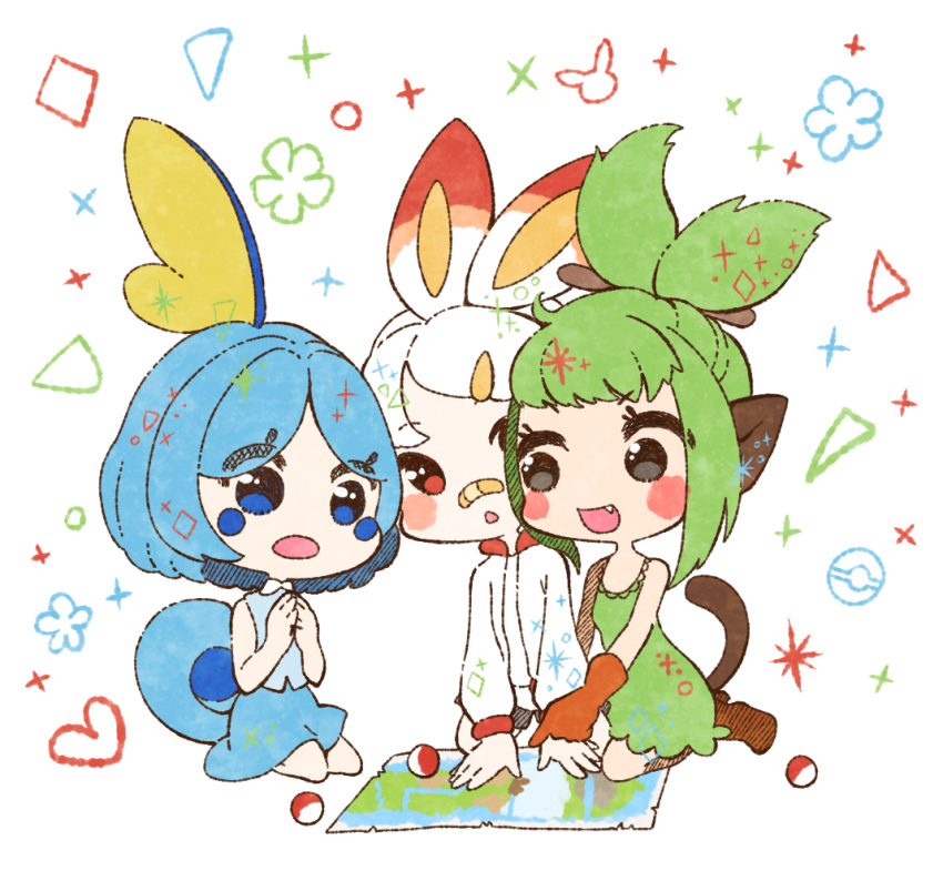 3girls animal_ears bandaid bandaid_on_nose bangs bare_shoulders black_eyes black_shorts blue_eyes blue_hair blue_shirt blue_skirt blush blush_stickers breasts brown_footwear bunny_ears child circle commentary_request diamond_(shape) eyebrows_visible_through_hair fang fins gen_1_pokemon gen_8_pokemon gloves green_hair green_shirt grookey hair_ornament hair_stick hairclip hands_together hands_up happy high_heels jacket lizard_girl lizard_tail long_sleeves looking_at_another looking_down looking_to_the_side map monkey_ears monkey_girl monkey_tail muguet multiple_girls open_mouth orange_gloves paper personification pikachu pointing poke_ball poke_ball_(basic) poke_ball_symbol pokemon rabbit_girl red_eyes scorbunny shirt short_hair short_shorts shorts sidelocks skirt sleeveless sleeveless_shirt small_breasts smile sobble sparkle tail tied_hair topknot triangle v-shaped_eyebrows white_background white_hair white_jacket white_shirt