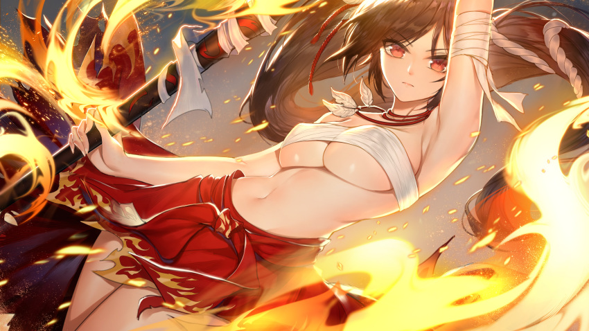 1girl absurdres arm_up armpits bandaged_arm bandages bangs bare_arms bare_shoulders black_hair breasts character_request commentary_request copyright_request cowboy_shot eyebrows_visible_through_hair feathers fire highres horz jewelry long_hair looking_at_viewer medium_breasts midriff navel necklace red_eyes red_skirt sarashi skirt solo stomach underboob v-shaped_eyebrows
