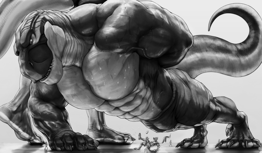 2020 abs absurd_res anthro big_muscles bodily_fluids bottomwear bulge canid canine canis claws clothing dinosaur exercise grey_background greyscale group hi_res huge_muscles macro male mammal micro monochrome mtfoxx muscular muscular_anthro muscular_male pecs push-up reptile scalie shorts simple_background slipping sweat theropod towel tyrannosaurid tyrannosaurus tyrannosaurus_rex walking wolf workout