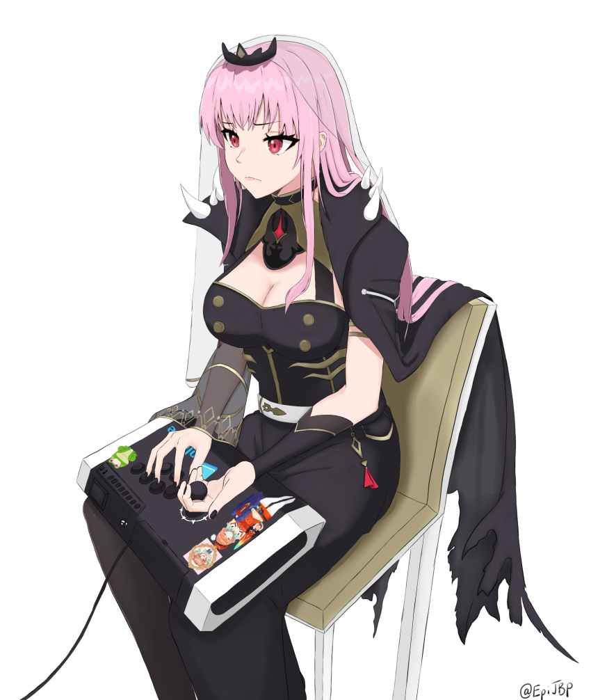 arcade_stick bangs bracer breasts cape cleavage controller eyebrows_behind_hair frown game_controller gradient_hair green_hair hair_behind_ear highres holding holding_shield holding_sword holding_weapon hololive hololive_english joystick kuon_bb long_hair medium_breasts mori_calliope multicolored_hair orange_hair pink_hair red_eyes see-through_sleeves shield single_sleeve sitting spikes sticker sword takanashi_kiara tiara veil virtual_youtuber weapon