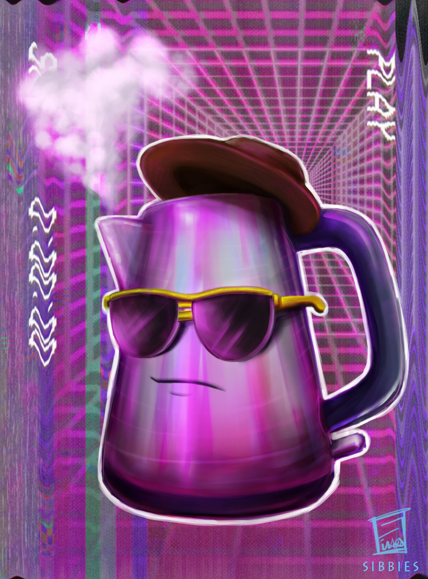 2016 :\ absurd_res ambiguous_gender animate_inanimate bamanboi clothing detailed_background english_text eyewear hat headgear headwear hi_res inanimate_object kettle not_furry sibbies signature solo steam sunglasses text traditional_media_(artwork) vaporwave