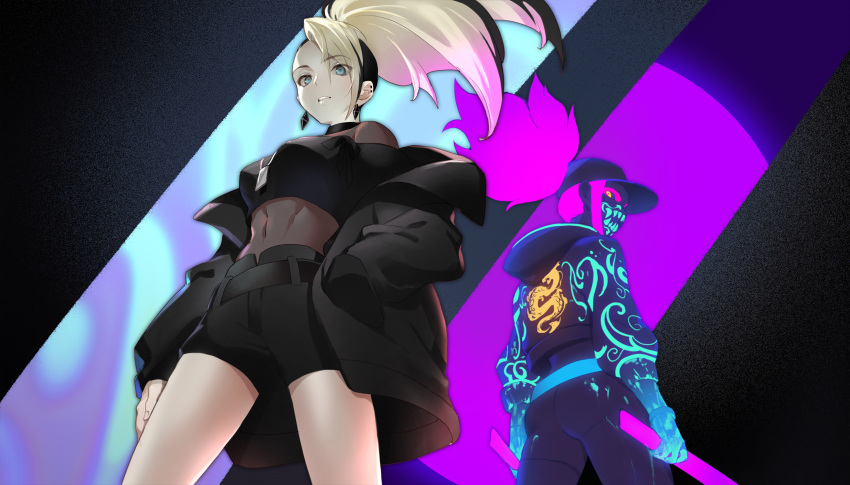 2girls akali ass asymmetrical_clothes back-to-back baseball_cap black_hair black_jacket black_shorts blonde_hair blue_eyes bodystocking breasts cropped_jacket dog_tags dual_persona ear_piercing earrings flat_ass hand_in_pocket hat highres hood hooded_jacket jacket jewelry k/da_(league_of_legends) k/da_akali league_of_legends mask medium_breasts mohawk mouth_mask multicolored_hair multiple_girls off_shoulder pagye paint_splatter piercing pink_hair raver sheer_clothes shorts single_pantsleg standing sukajan the_baddest_akali two-tone_hair ultraviolet_light undercut