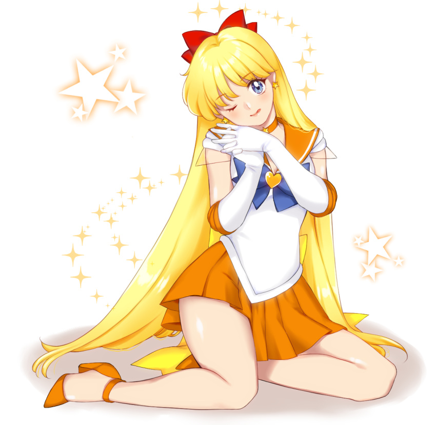 1girl ;q aino_minako bare_legs bishoujo_senshi_sailor_moon blonde_hair blue_bow blue_eyes bow choker circlet closed_mouth earrings elbow_gloves full_body gloves hair_bow half_updo hanada_no_kiwami hands_together heart high_heels interlocked_fingers jewelry legs long_hair one_eye_closed orange_choker orange_footwear orange_sailor_collar orange_skirt pleated_skirt red_bow sailor_collar sailor_venus shiny shiny_skin simple_background sitting skirt solo sparkle star_(symbol) star_earrings super_sailor_venus tongue tongue_out very_long_hair white_gloves