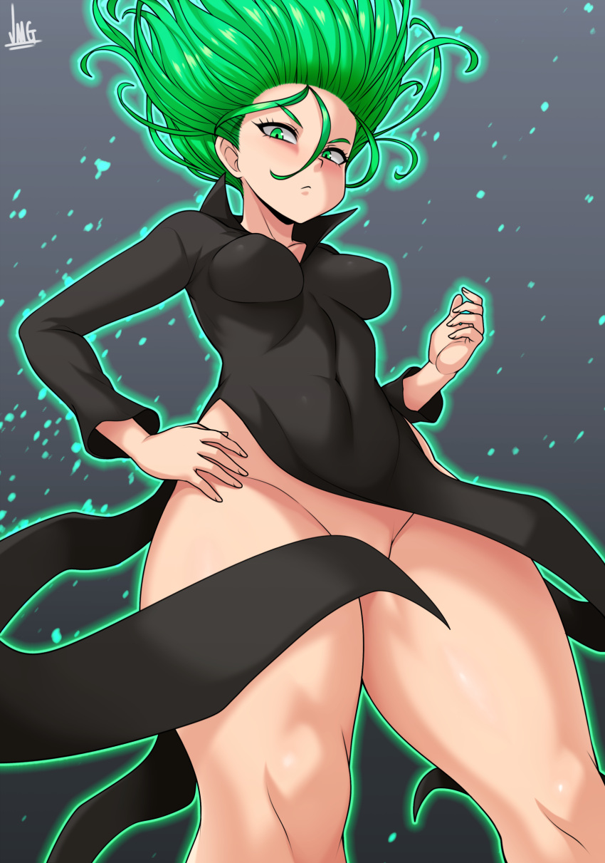 1girl absurdres alternate_breast_size aura black_dress breasts convenient_censoring covered_navel covered_nipples curly_hair dress fingernails floating_hair glaring green_eyes green_hair groin hand_on_hip highleg highleg_dress highres impossible_clothes impossible_dress jmg looking_at_viewer medium_breasts medium_hair no_panties one-punch_man pelvic_curtain_aside popped_collar solo tatsumaki telekinesis thick_thighs thighs you_gonna_get_raped