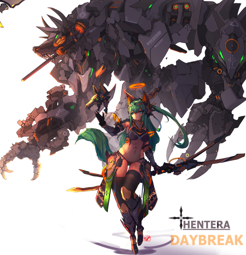 1girl blue_eyes covered_navel floating floating_hair glowing glowing_eyes green_eyes green_hair halo highres holding holding_sword holding_weapon in_mouth long_hair looking_to_the_side mecha mecha_musume open_hand original science_fiction skindentation sword syaha thick_thighs thighhighs thighs very_long_hair weapon